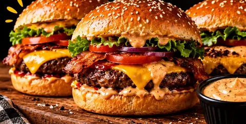 Tres burgers con queso, bacon y salsa